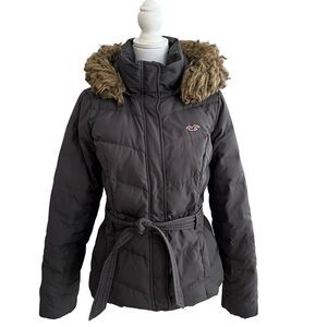 Vintage Y2K Hollister Womens Down Puffer Parka Jacket Size L Faux Fur Trim Hood
